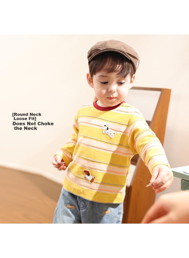 Luson Little O Dad Baby Boys Long Sleeve T-shirt New Spring Autumn Colorblock Puppy Embroidery Baby Striped Top - Image 2