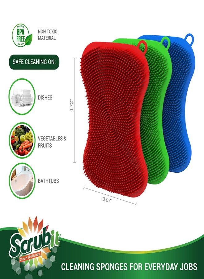 SCRUBIT 6 Pack Silicone Scrubbing Sponge by SCRUBIT - Real Silicon Non Scratch & Non Smell Kitchen Scrubber Pad for Dishes, Fruit, Vegetable - Reusable Cleaning Sponges - Multi-Colored Pads [Red, Green, Blue] - Image 3