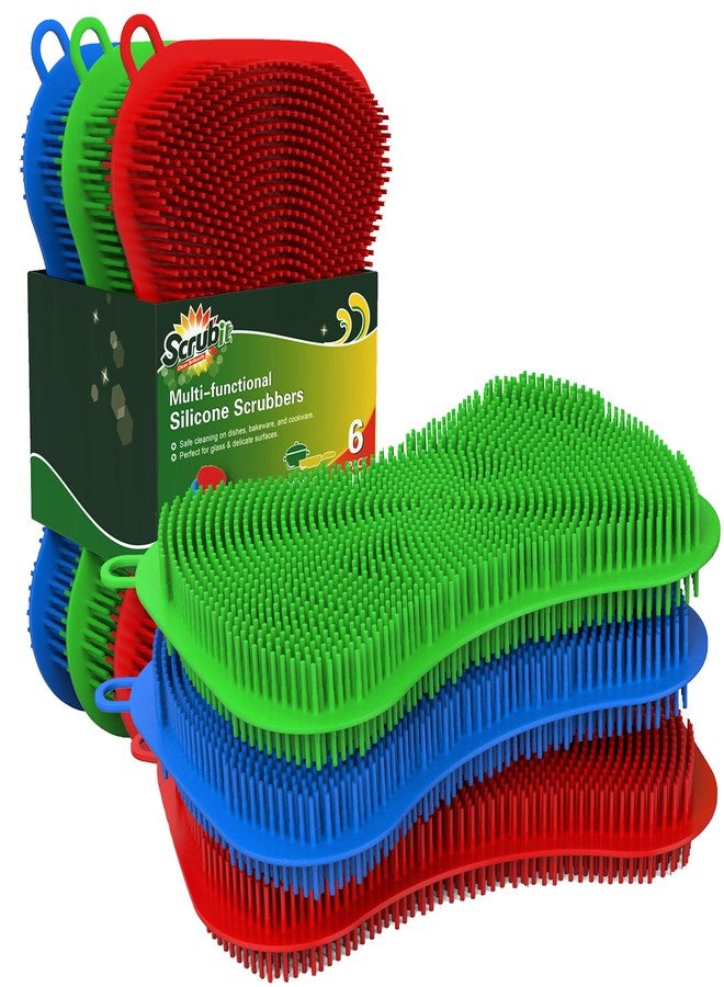 SCRUBIT 6 Pack Silicone Scrubbing Sponge by SCRUBIT - Real Silicon Non Scratch & Non Smell Kitchen Scrubber Pad for Dishes, Fruit, Vegetable - Reusable Cleaning Sponges - Multi-Colored Pads [Red, Green, Blue] - Image 1