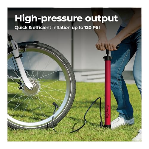 Lifelong Portable High Pressure Bicycle Air Pump | Hand Air Pump to Upto120 PSI | Durable Metal Body with Foldable Base |Red - Image 3