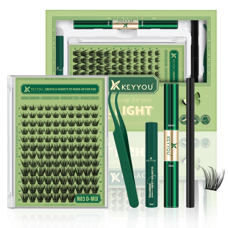 KEYYOU Natural Lash Clusters Kit 144Pcs DIY Lash Extension Kit Wispy Eyelash Extensions Kit D Curl 8-18MIX with Bond and Seal and tweezers with Thin Lash Band(KIT-N03-D-8-18MIX) - Image 1