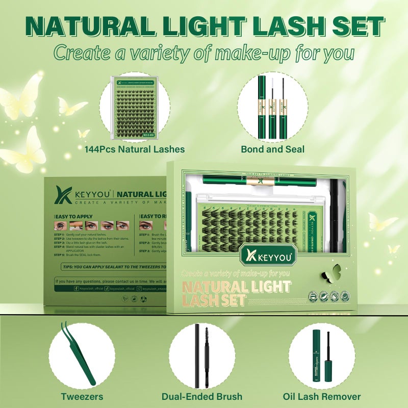 KEYYOU Natural Lash Clusters Kit 144Pcs DIY Lash Extension Kit Wispy Eyelash Extensions Kit D Curl 8-18MIX with Bond and Seal and tweezers with Thin Lash Band(KIT-N03-D-8-18MIX) - Image 2