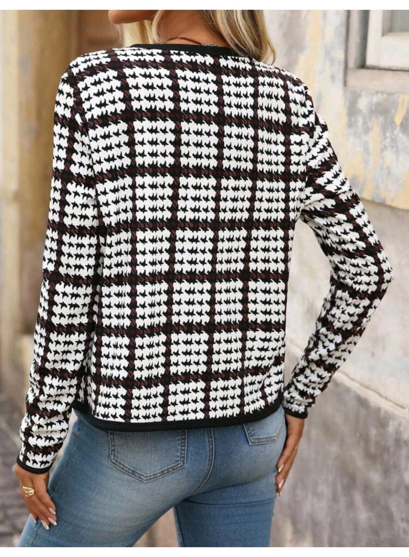 Shein Brillora Women's Houndstooth Long Sleeve Single-Breasted Casual Round Neck Jacket - Image 2