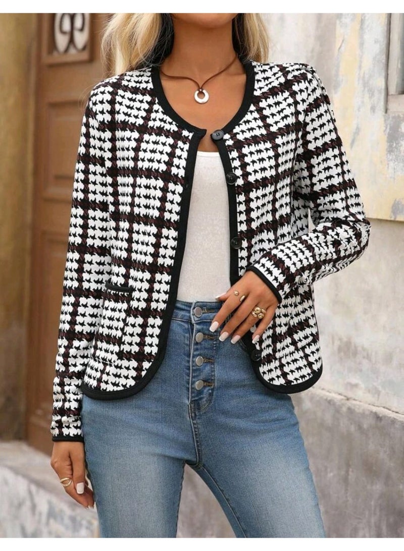 Shein Brillora Women's Houndstooth Long Sleeve Single-Breasted Casual Round Neck Jacket - Image 4
