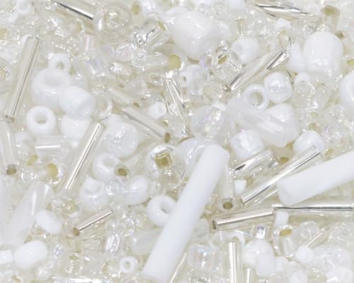 PPhtony Mixed Craft Beads 1000Pcs20g Glass Seed Beads Tube Beads Bugle Beads 1545mm Small Loose Spacer Beads for DIY Bracelets Necklace Earring Jewelry Making Silver White - Image 1