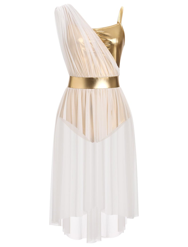 AFAVOM Women's Gold Metallic Lyrical Contemporary Ballet Dance Costume Dress - Sleeveless V-Neck Shiny High Low Flowy Mesh Tulle Skirt - Adult Dancers/Performers - Knee-Length - XS-XL - Image 1