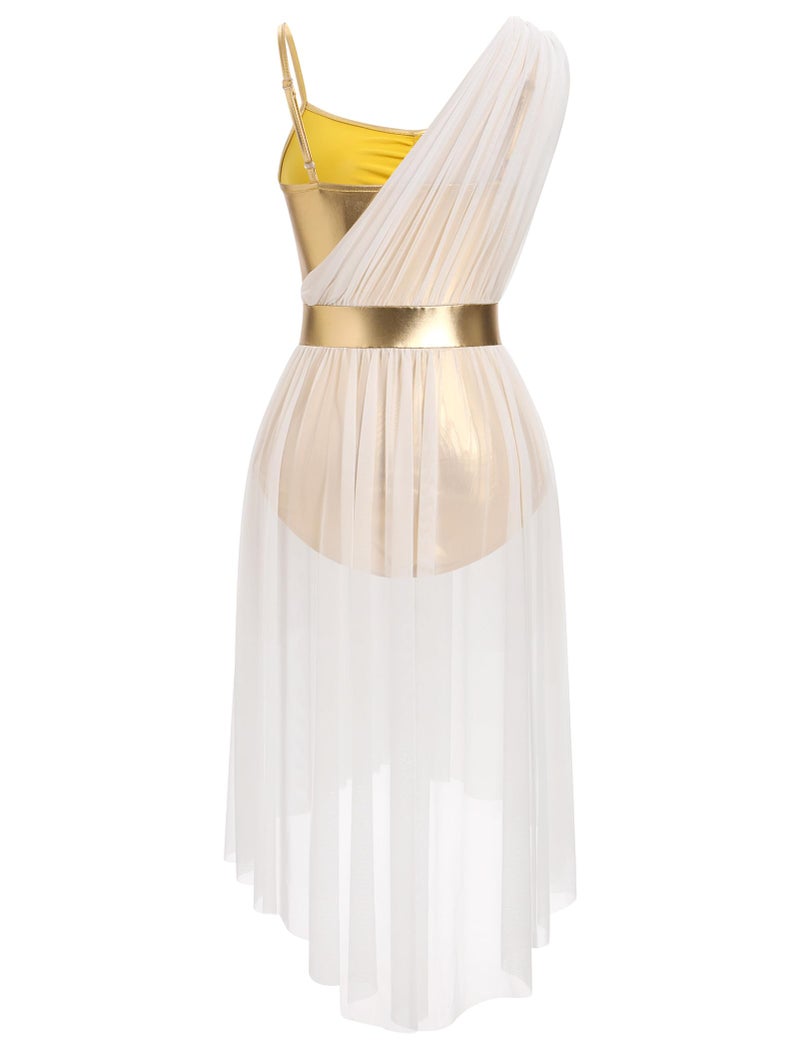 AFAVOM Women's Gold Metallic Lyrical Contemporary Ballet Dance Costume Dress - Sleeveless V-Neck Shiny High Low Flowy Mesh Tulle Skirt - Adult Dancers/Performers - Knee-Length - XS-XL - Image 4