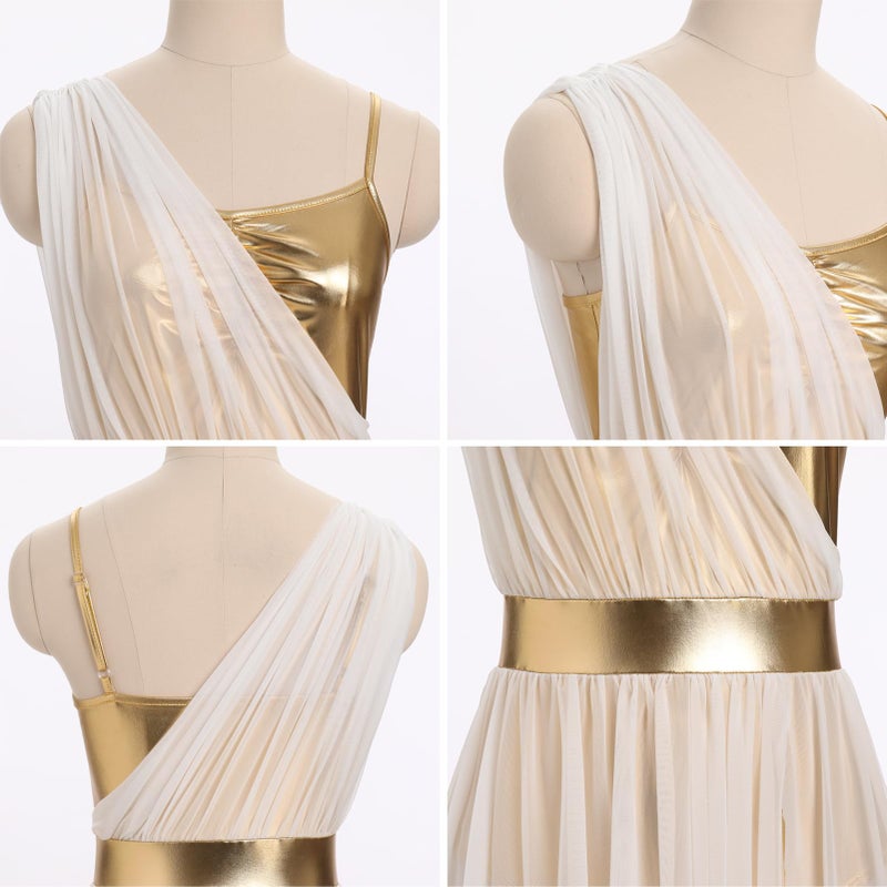 AFAVOM Women's Gold Metallic Lyrical Contemporary Ballet Dance Costume Dress - Sleeveless V-Neck Shiny High Low Flowy Mesh Tulle Skirt - Adult Dancers/Performers - Knee-Length - XS-XL - Image 5
