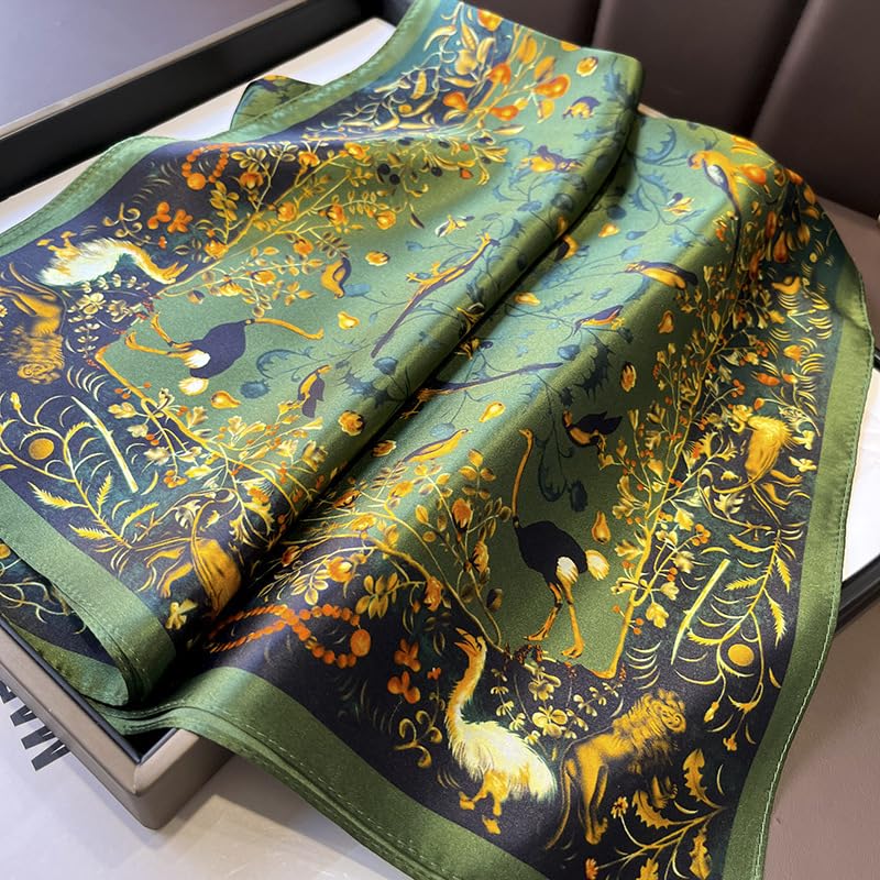 MEISEE 100% Pure Mulberry Silk Scarf 26" Square Scarf Neckerchief Headscarf Breathable Lightweight for Women Gift Packed (M2 Green Bird & Flower) - Image 4