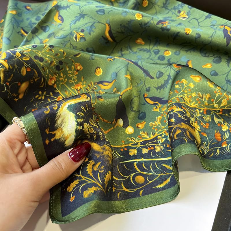 MEISEE 100% Pure Mulberry Silk Scarf 26" Square Scarf Neckerchief Headscarf Breathable Lightweight for Women Gift Packed (M2 Green Bird & Flower) - Image 3