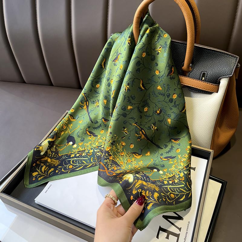 MEISEE 100% Pure Mulberry Silk Scarf 26" Square Scarf Neckerchief Headscarf Breathable Lightweight for Women Gift Packed (M2 Green Bird & Flower) - Image 2