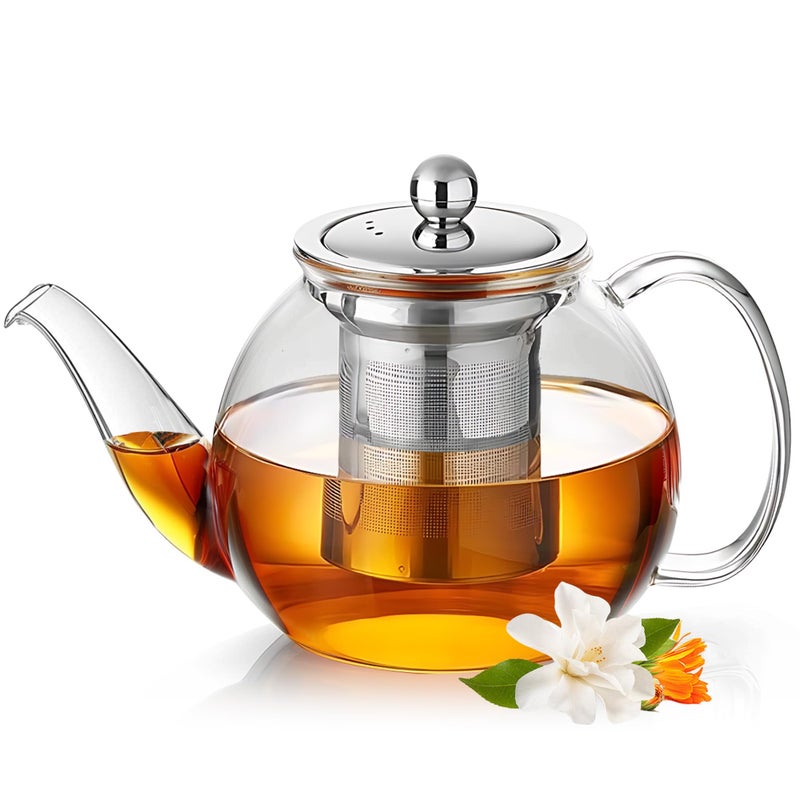 TECOHORS Long-Mouth Glass Teapot 34oz/1000ml with Removable Loose Tea Infuse - Glass Tea Kettle for Stove Top Removable Stainless Steel Strainer, Microwave & Dishwasher Safe, Tea Maker - Image 1