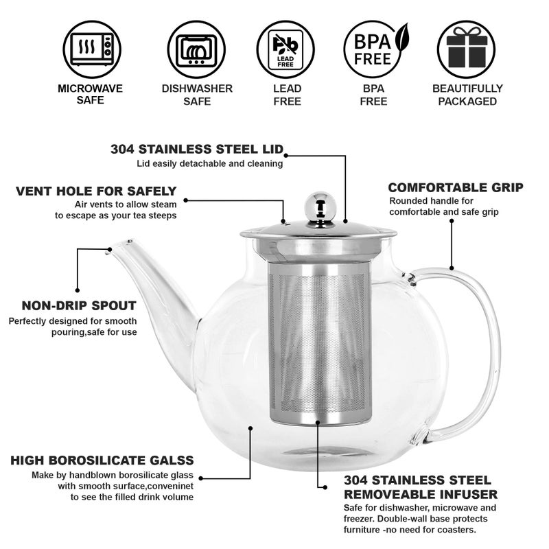 TECOHORS Long-Mouth Glass Teapot 34oz/1000ml with Removable Loose Tea Infuse - Glass Tea Kettle for Stove Top Removable Stainless Steel Strainer, Microwave & Dishwasher Safe, Tea Maker - Image 2