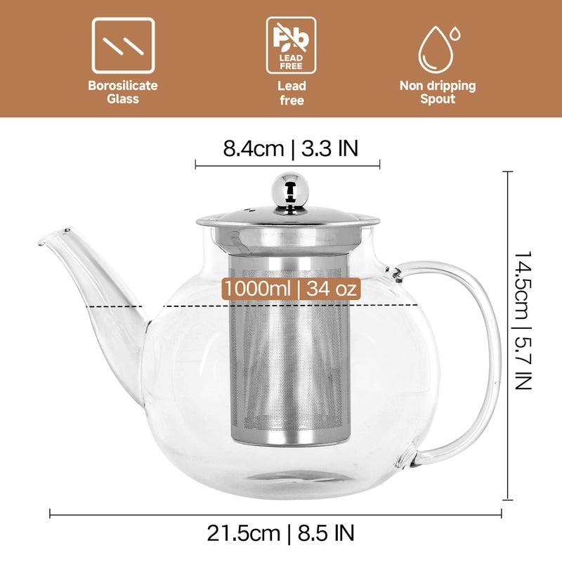 TECOHORS Long-Mouth Glass Teapot 34oz/1000ml with Removable Loose Tea Infuse - Glass Tea Kettle for Stove Top Removable Stainless Steel Strainer, Microwave & Dishwasher Safe, Tea Maker - Image 3
