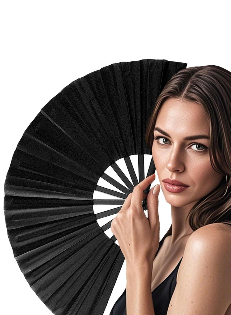 مروحة يد قابلة للطي، ضلع الخيزران من نسيج الحرير الأسود، محمولة باليد، مروحة مراوح حرير صينية يابانية عتيقة لحفلات الزفاف، والرقص، والكنيسة، والحفلات، وهدايا الهدايا، وإنشاء DIY 21 × 35 سم (أسود بسيط)