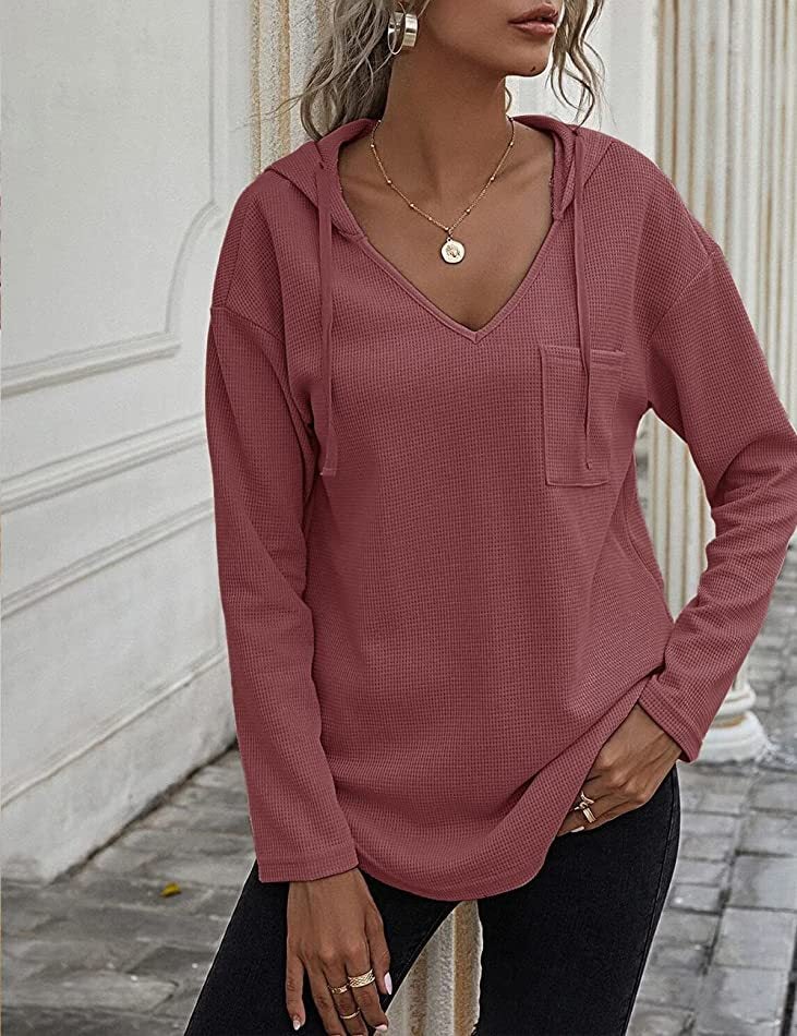Womens V-Neck Hoodie Waffle Knit Sweatshirt with Pockets Brick Red 