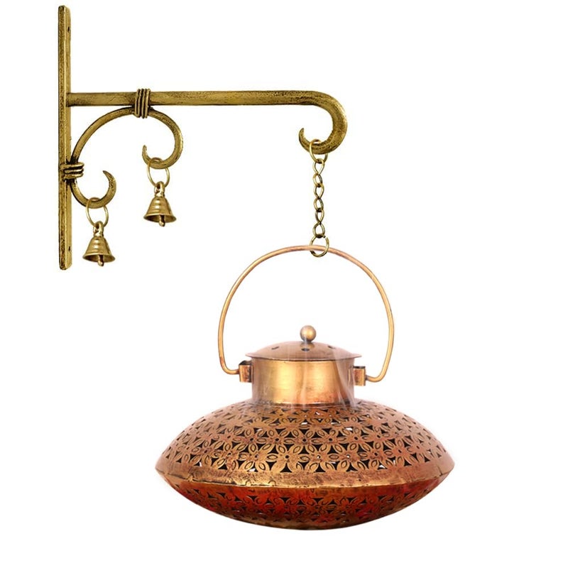 VIKACRAFT Incense Holder Dhoop Degchi Pot with Brass Bells Big Size Wall Hanging Lobhan Dhani Wall Mounted BurnerOval ShapeGold9 Inch