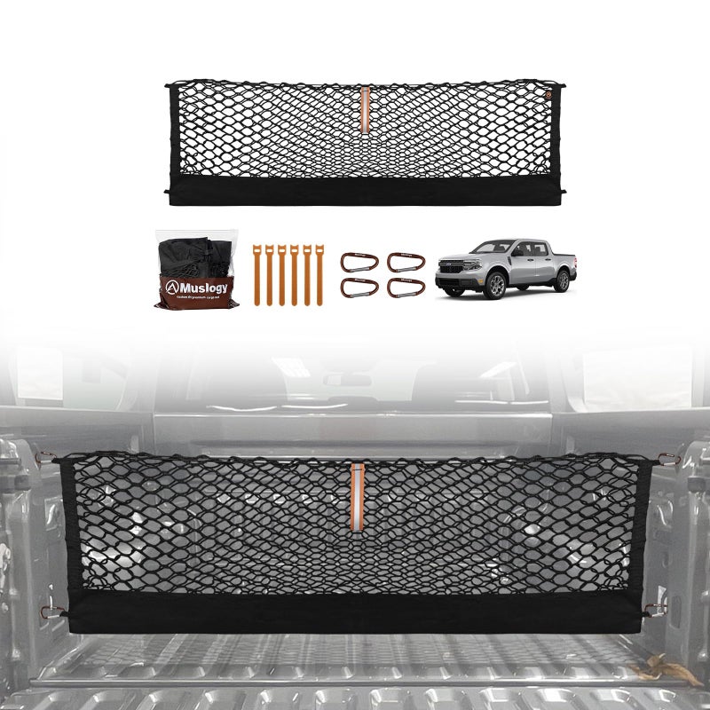 Muslogy Truck Bed Cargo Net Trunk Netting Compatible with 2022-2025 2026 Ford Maverick (V2) Accessories, Pickup Cargo Organizer SUV Sedan Storage Net w/Heavy Duty Carabiners - Image 1