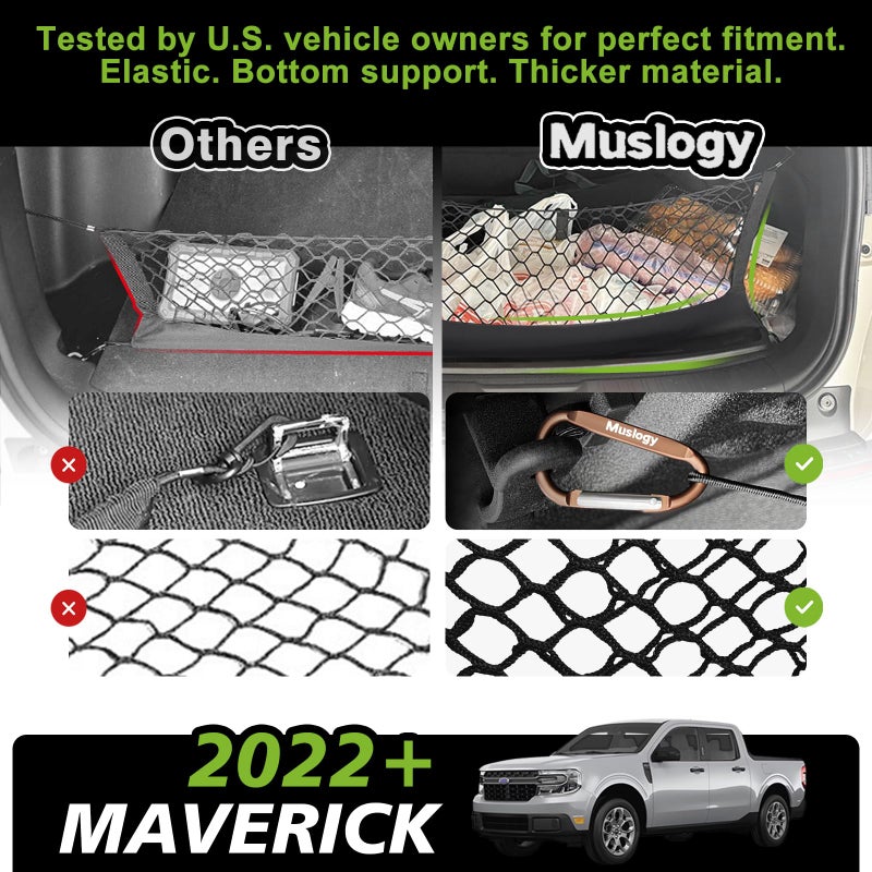 Muslogy Truck Bed Cargo Net Trunk Netting Compatible with 2022-2025 2026 Ford Maverick (V2) Accessories, Pickup Cargo Organizer SUV Sedan Storage Net w/Heavy Duty Carabiners - Image 4