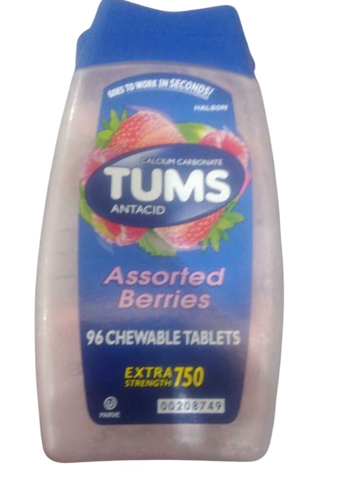 TUMS أقراص مضادة للحموضة قابلة للمضغ لتخفيف حرقة المعدة، قوة إضافية، نكهات فواكه متنوعة، 96 قرص