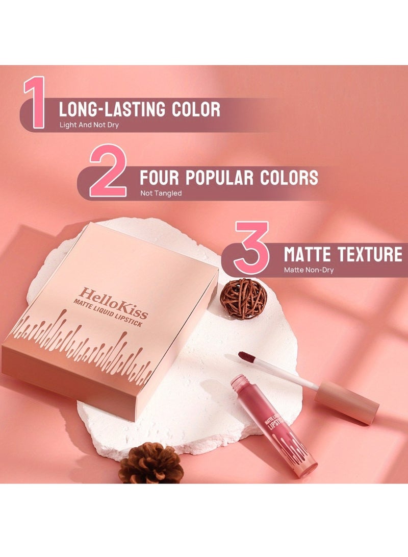 HelloKiss 4 Colors Matte Liquid Lipstick Set Non Drying Moisturizing Formula Lip Gloss Ultra Matte Finish Waterproof Sweatproof Long Lasting Soft Smooth Matte Finish Liquid Lipstick - Image 4