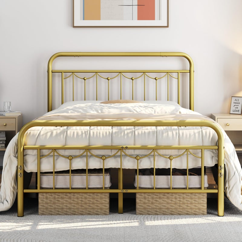 Yaheetech Full Size Metal Bed Frames with Vintage Headboard and Footboard Farmhouse Metal Platform Bed Heavy Duty Steel Slat Support Ample UnderBed Storage No Box Spring Needed Antique Gold