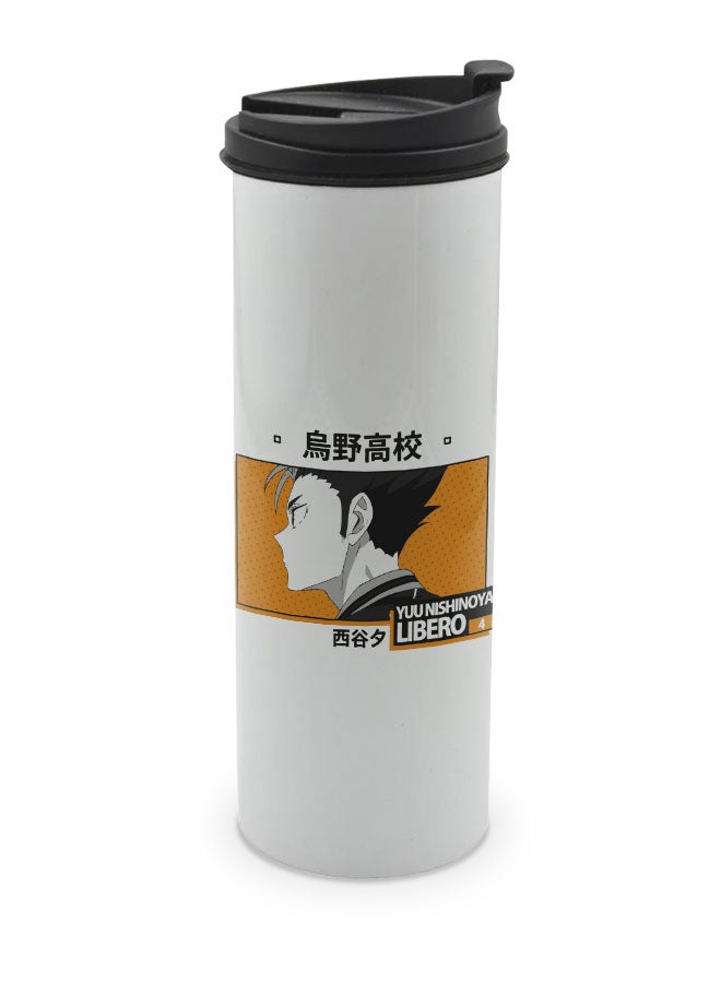 LIT Haikyuu White Tumbler for Hot Drinks Haikyuu!! White Tumbler Yuu Nishinoya Fan Travel Coffee Tumbler Number 4 Libero Volleyball Design-Manga Comic Style - Image 1