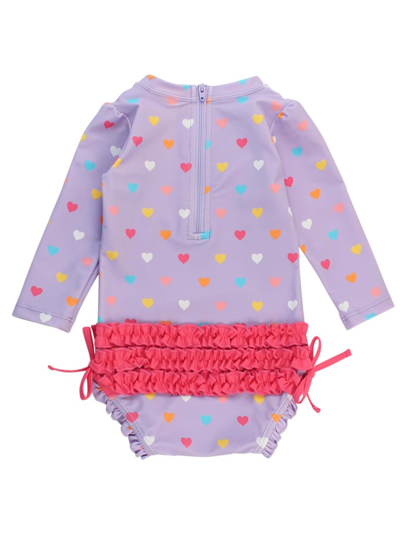 RuffleButts Baby Girls UPF 50+ Sun Protection Polka Dot Long Sleeve One Piece Rash Guard Swimsuit with Zipper - Lavender Colorful Hearts, 12-18m - Image 4