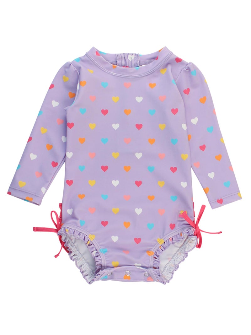 RuffleButts Baby Girls UPF 50+ Sun Protection Polka Dot Long Sleeve One Piece Rash Guard Swimsuit with Zipper - Lavender Colorful Hearts, 12-18m - Image 1