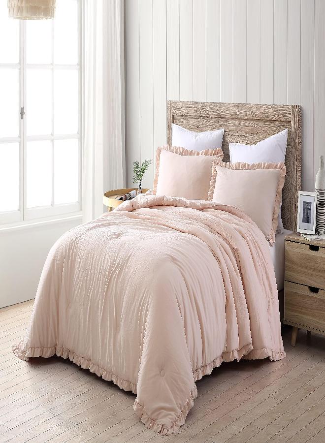 Chezmoi Collection Nora 3-Piece Ruffled Edge Trim Soft Washed Microfiber Comforter Set (Oversized King, Blush)