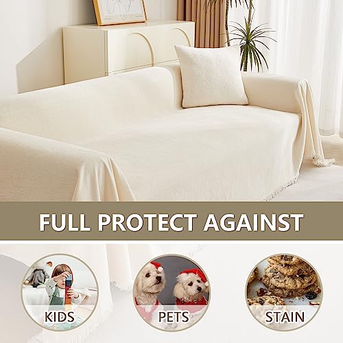 MYSKY HOME Couch Cover 3 Cushion Sofa with Tassel, Chenille Sofa Covers Couch Covers, Slipcovers for Sectional l Shaped Dogs Protector Furniture Covers, 91" X150", Beige - Image 4