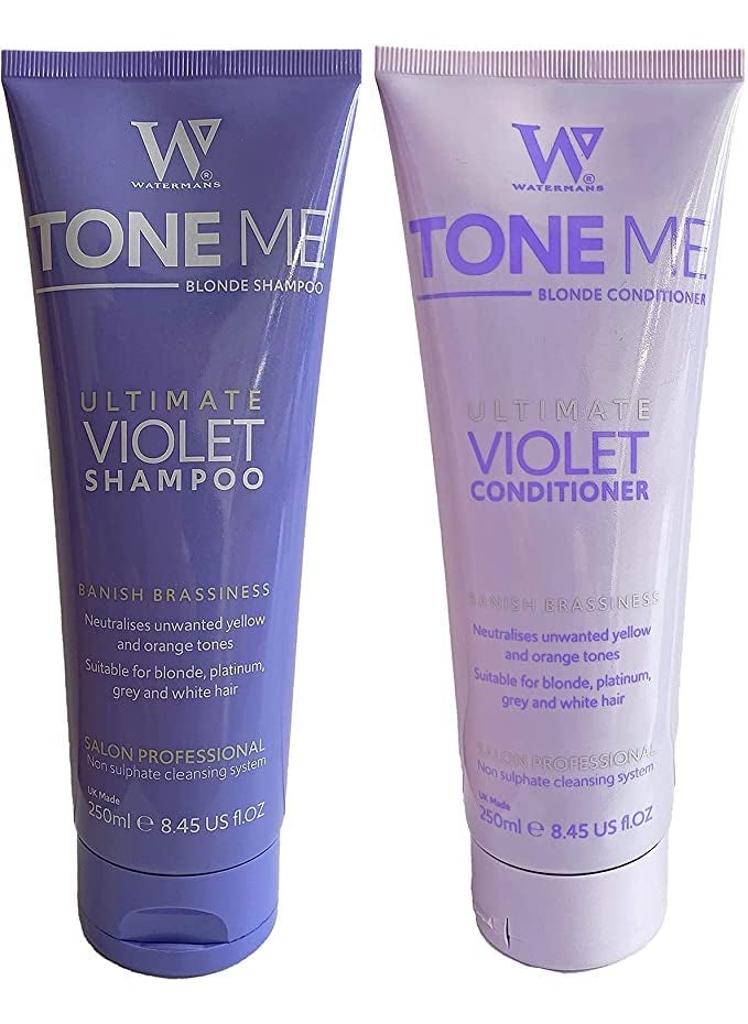 Watermans Purple Shampoo & Purple Conditioner & Free Makeup Bag, Purple shampoo and conditioner for blonde hair - Remove Brass Yellow tones fast, Suitable for Bleached blondes and Grey Hair 