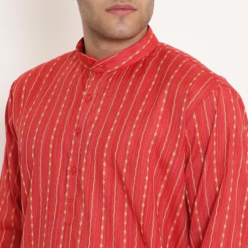 Maharaja Men’s Kurta Pyjama Set – Poly Viscose, Regular Fit, Ethnic Print Design in Red – Indian Traditional Outfit for Men [MSKP233-36] - Image 5