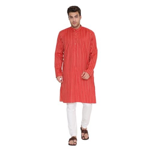 Maharaja Men’s Kurta Pyjama Set – Poly Viscose, Regular Fit, Ethnic Print Design in Red – Indian Traditional Outfit for Men [MSKP233-36] - Image 1