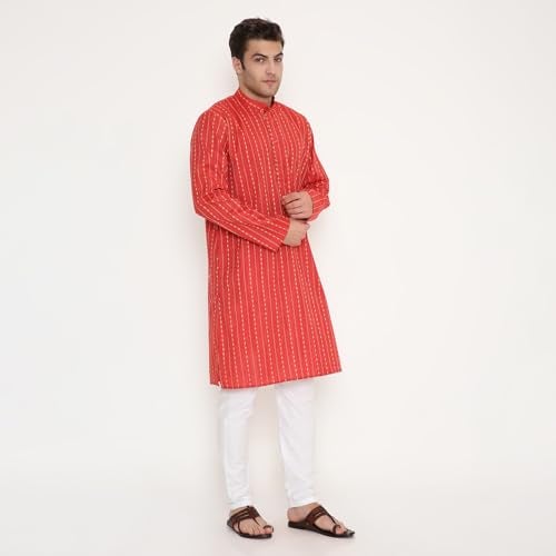 Maharaja Men’s Kurta Pyjama Set – Poly Viscose, Regular Fit, Ethnic Print Design in Red – Indian Traditional Outfit for Men [MSKP233-36] - Image 4