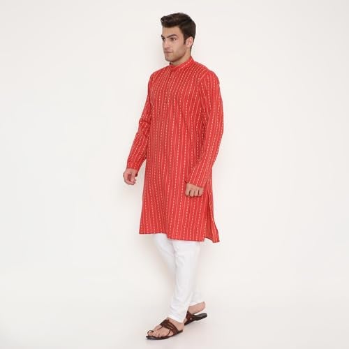 Maharaja Men’s Kurta Pyjama Set – Poly Viscose, Regular Fit, Ethnic Print Design in Red – Indian Traditional Outfit for Men [MSKP233-36] - Image 3