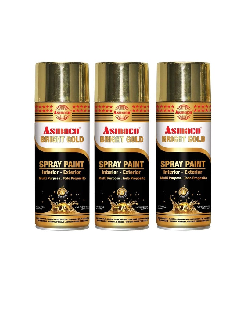 Asmaco Spray Paint Bright Gold 400 ML  Pack Of Three Multi Purpose Interior Exterior Quick Drying Acrylic Paint - Image 1