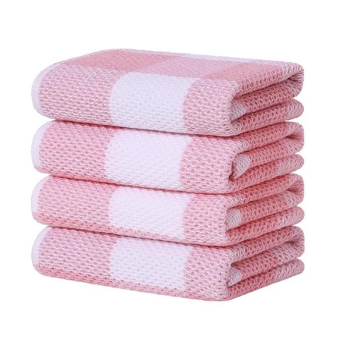 100 COTTON WAFFLE WEAVE CHECK PLAID KITCHEN TOWELS 13 X 28 INCHES SUPER SOFT AND ABSORBENT DISH TOWELS FOR DRYING DISHES 4PACK WHITE PINK
