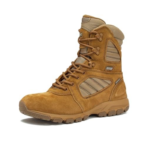 MAGNUM Storm 8 Inch Leather Waterproof Tactical Boots for Men, Military Mens Combat Boots or Work Boots with Side Zipper - Tan/Tan, 10 Medium