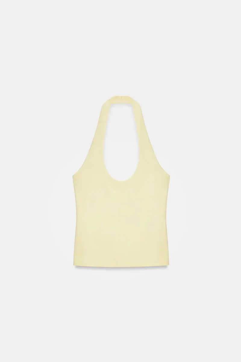 Dilvin Lemon Yellow DILVIN Halterneck Cut-Out Slim Fit Blouse for Women | Best Price UAE
