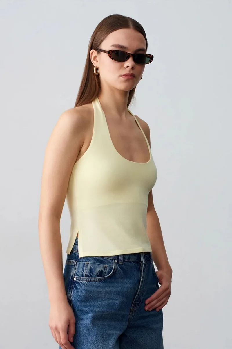 Dilvin Lemon Yellow DILVIN Halterneck Cut-Out Slim Fit Blouse for Women | Best Price UAE