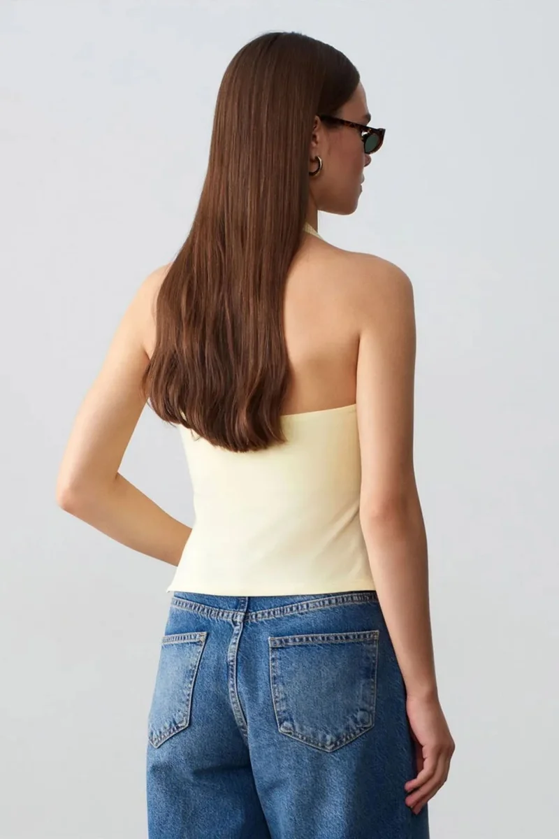 Dilvin Lemon Yellow DILVIN Halterneck Cut-Out Slim Fit Blouse for Women | Best Price UAE