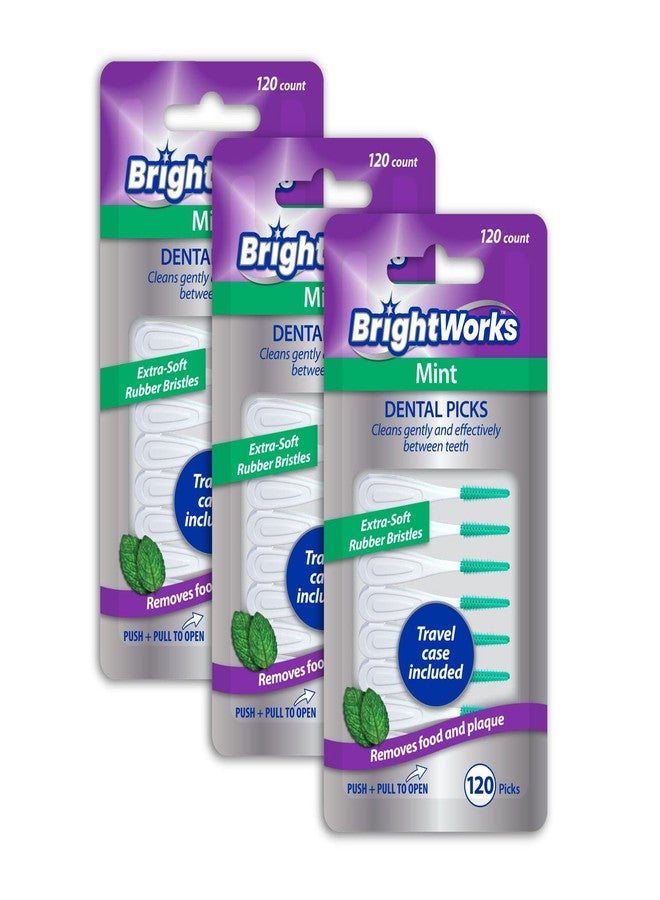 BrightWorks Mint Dental Picks, with Extra Soft Rubber Bristles and Flexible Tip, Clean Gently and Effectively Between Teeth, Travel Case Included, 3 Packs (120 Per Pack) [360 Total Picks] - Image 1