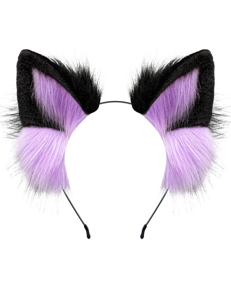 BNLIDES Handmade Fur Fox Wolf Cat Ears Headwear Women Men Cosplay Costume Party Cute Head Accessories for Halloween (Purple Black) - Image 1