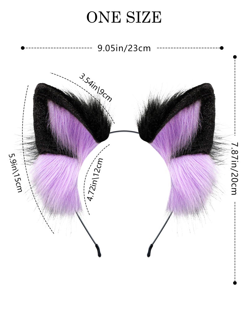 BNLIDES Handmade Fur Fox Wolf Cat Ears Headwear Women Men Cosplay Costume Party Cute Head Accessories for Halloween (Purple Black) - Image 3