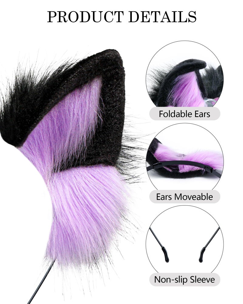 BNLIDES Handmade Fur Fox Wolf Cat Ears Headwear Women Men Cosplay Costume Party Cute Head Accessories for Halloween (Purple Black) - Image 2