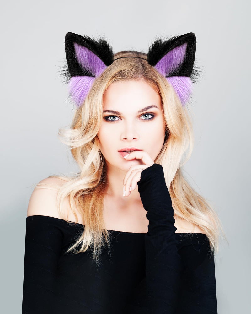 BNLIDES Handmade Fur Fox Wolf Cat Ears Headwear Women Men Cosplay Costume Party Cute Head Accessories for Halloween (Purple Black) - Image 5