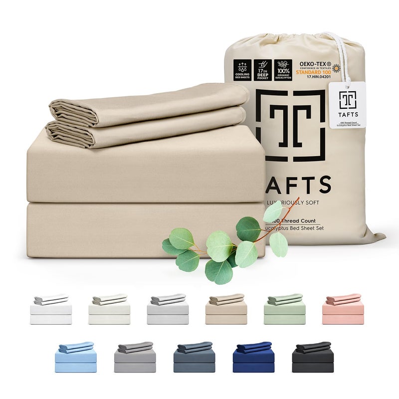 Tafts Eucalyptus Sheets Queen Size Bed Sheets  100 Organic Eucalyptus 400TC Eucalyptus Bed Sheets 4 Piece Set 17 Deep Pockets Silk Feel Cooling Double Stitched Nude Beige