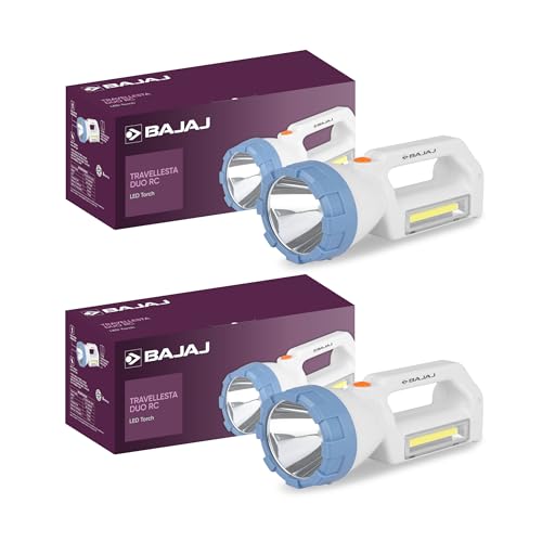 Bajaj Travellesta 3W Duo RC LED Torch | Dual Lighting Mode | USB C-Type Charging | 6 Months - Warranty (Pack of 2, White and Blue) - Image 1