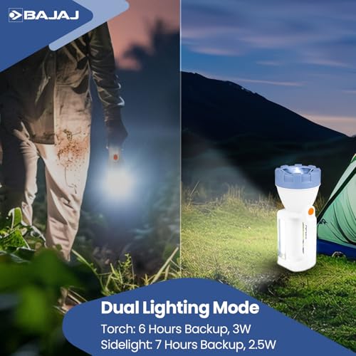 Bajaj Travellesta 3W Duo RC LED Torch | Dual Lighting Mode | USB C-Type Charging | 6 Months - Warranty (Pack of 2, White and Blue) - Image 3